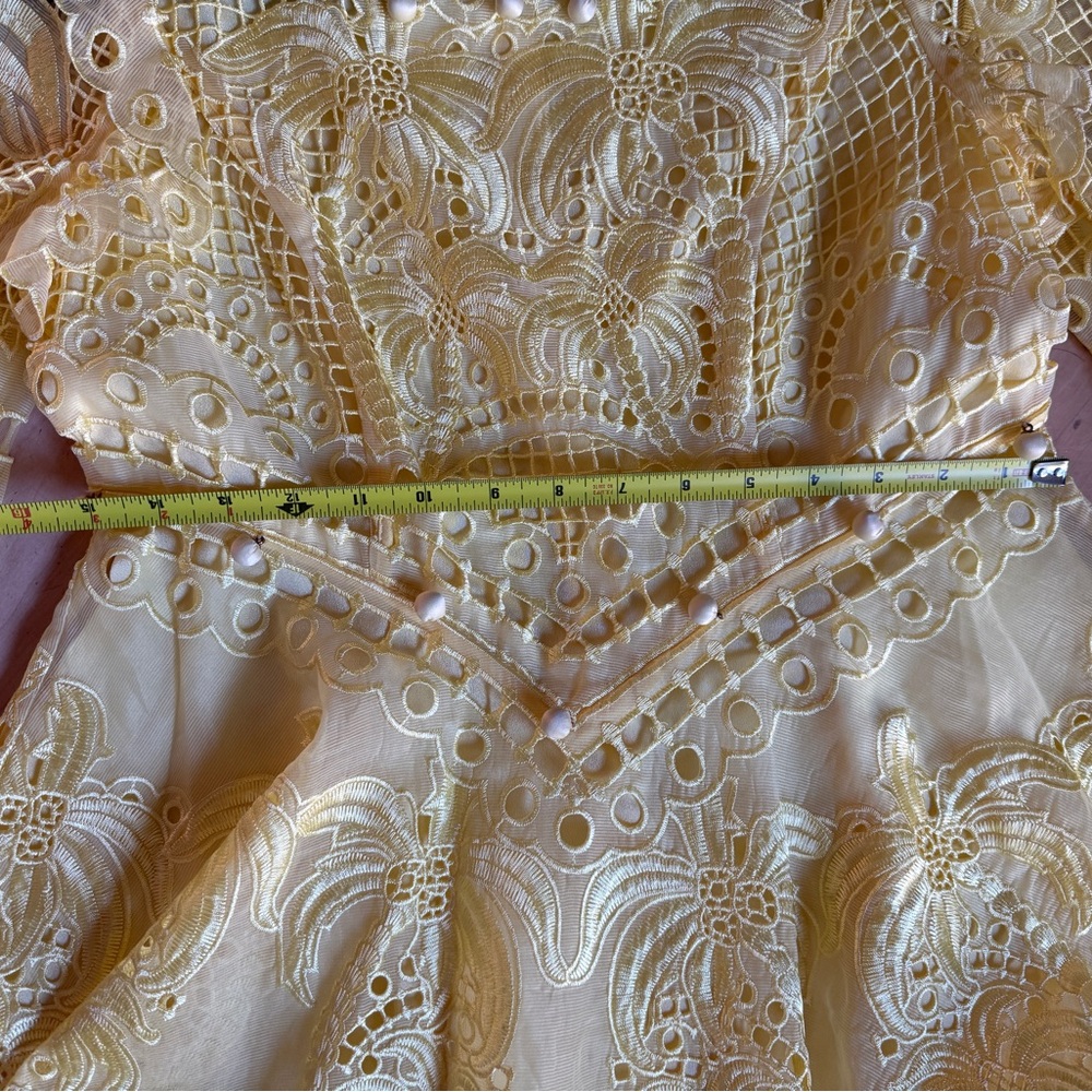 Vintage Bright Yellow Lace Long-Sleeve Fit-and-Flare Dress - Picture 15 of 16